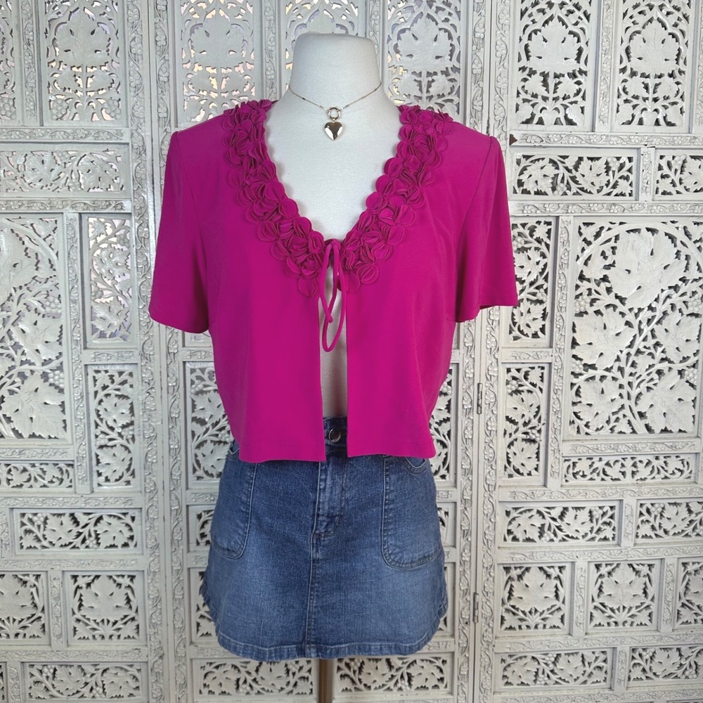 Vtg Julian Taylor Deep Cropped Ruffle Tie Front Coquette Girly Cardigan Sz‎ M
